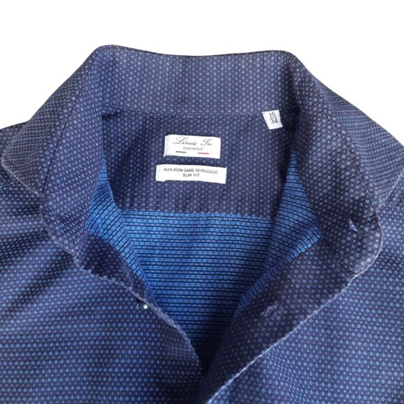 Linea In SZ 15 Slim Fit Woven Blue Button Up Non-Iron Men's Shirt - Picture 6 of 14